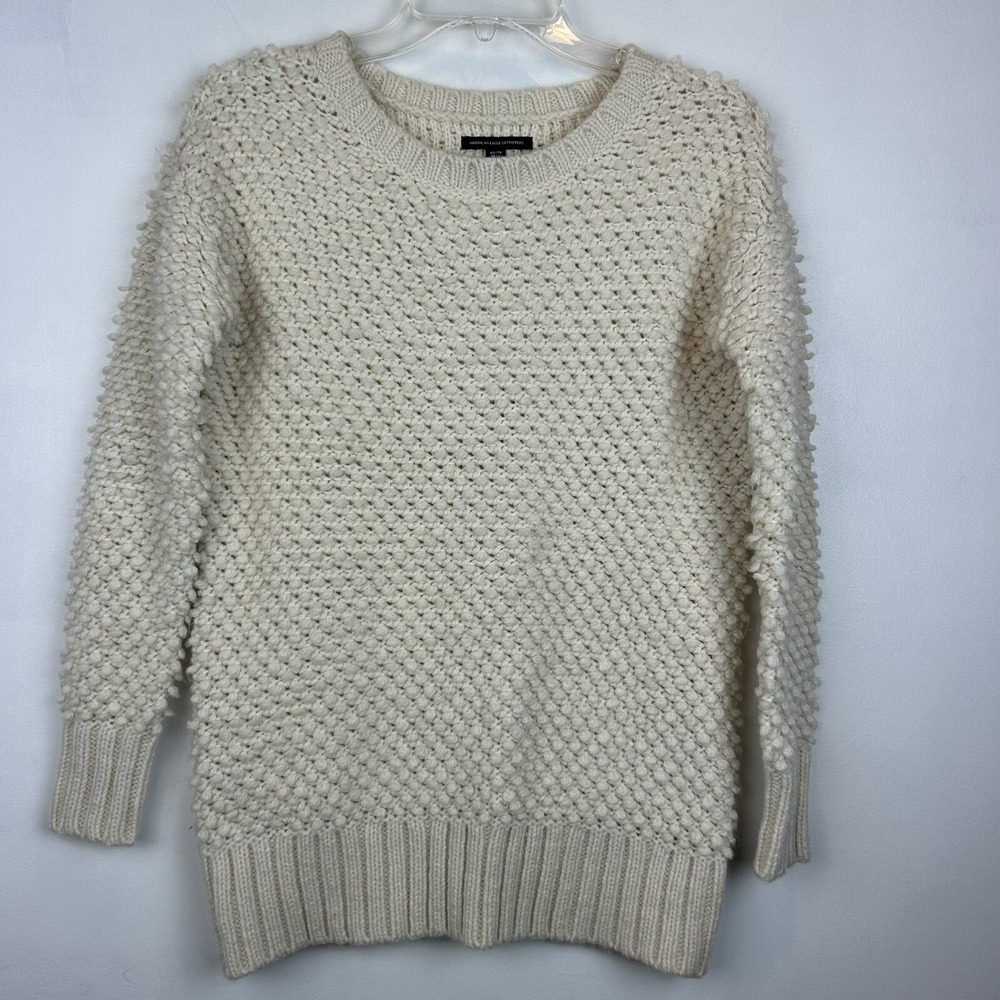 Sweater Womens XS Knit Pullover Oversized Ivory Acrylic Wool Fisherman Caspsule